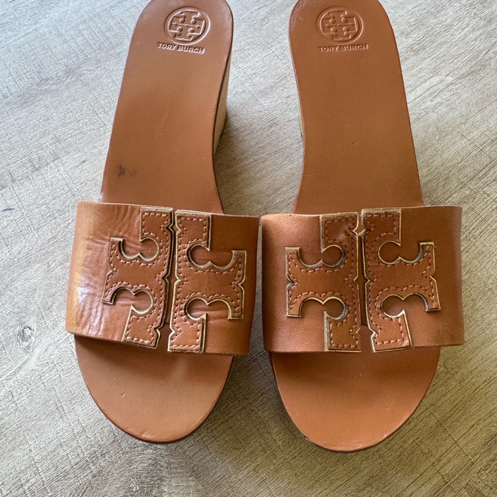 Tory Burch Cognac Leather Platform Slide Sandals